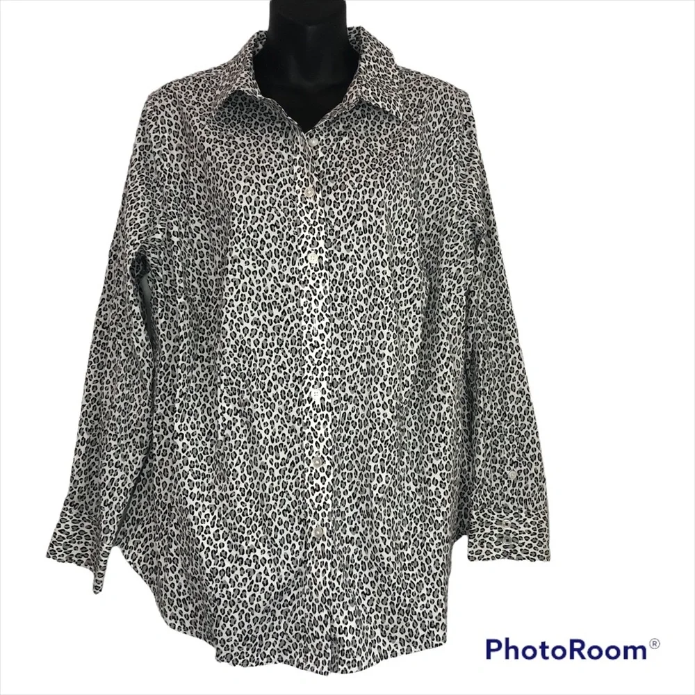 TALBOTS No Iron gray black white leopard print long sleeve button down size 14W